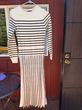Cream and Black Striped Knit Maxi Dress - Long Sleeve